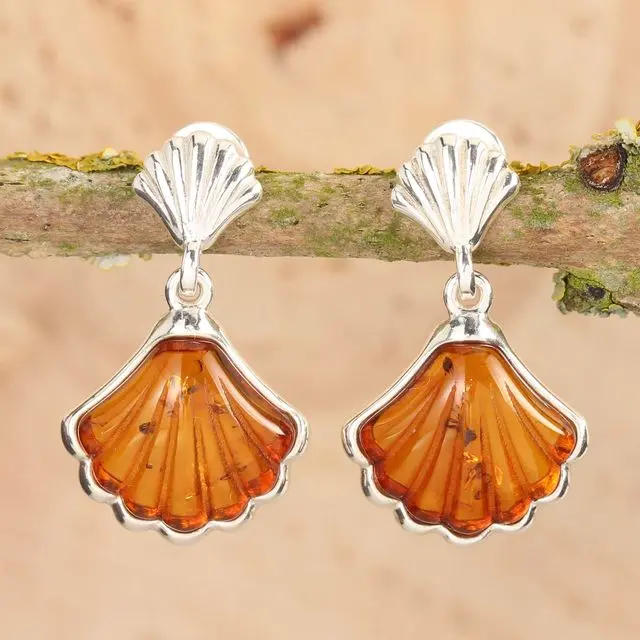 Honey Baltic Amber Shell Sterling Silver Drop Earrings