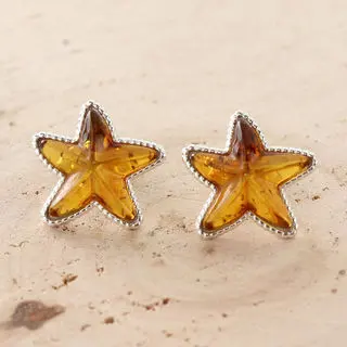 Sterling Silver Honey Baltic Amber Starfish Stud Earrings