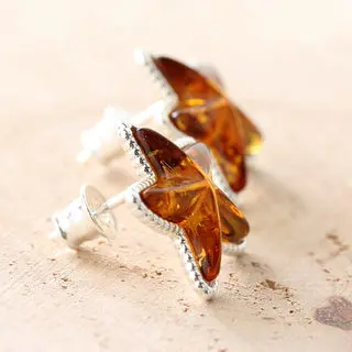 Sterling Silver Starfish Amber Earrings