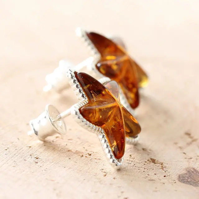 Honey Baltic Amber Starfish Sterling Silver Stud Earrings