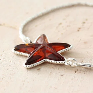 Sterling Silver Honey Baltic Amber Adjustable Starfish Slider Bracelet