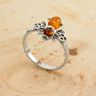 Polished Sterling Silver Honey Baltic Amber Bee Ring