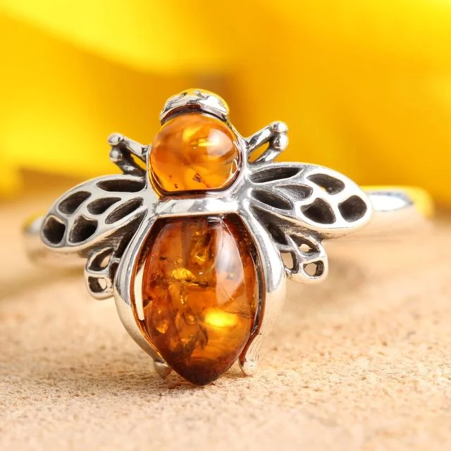 Honey Baltic Amber Bee Sterling Silver Ring