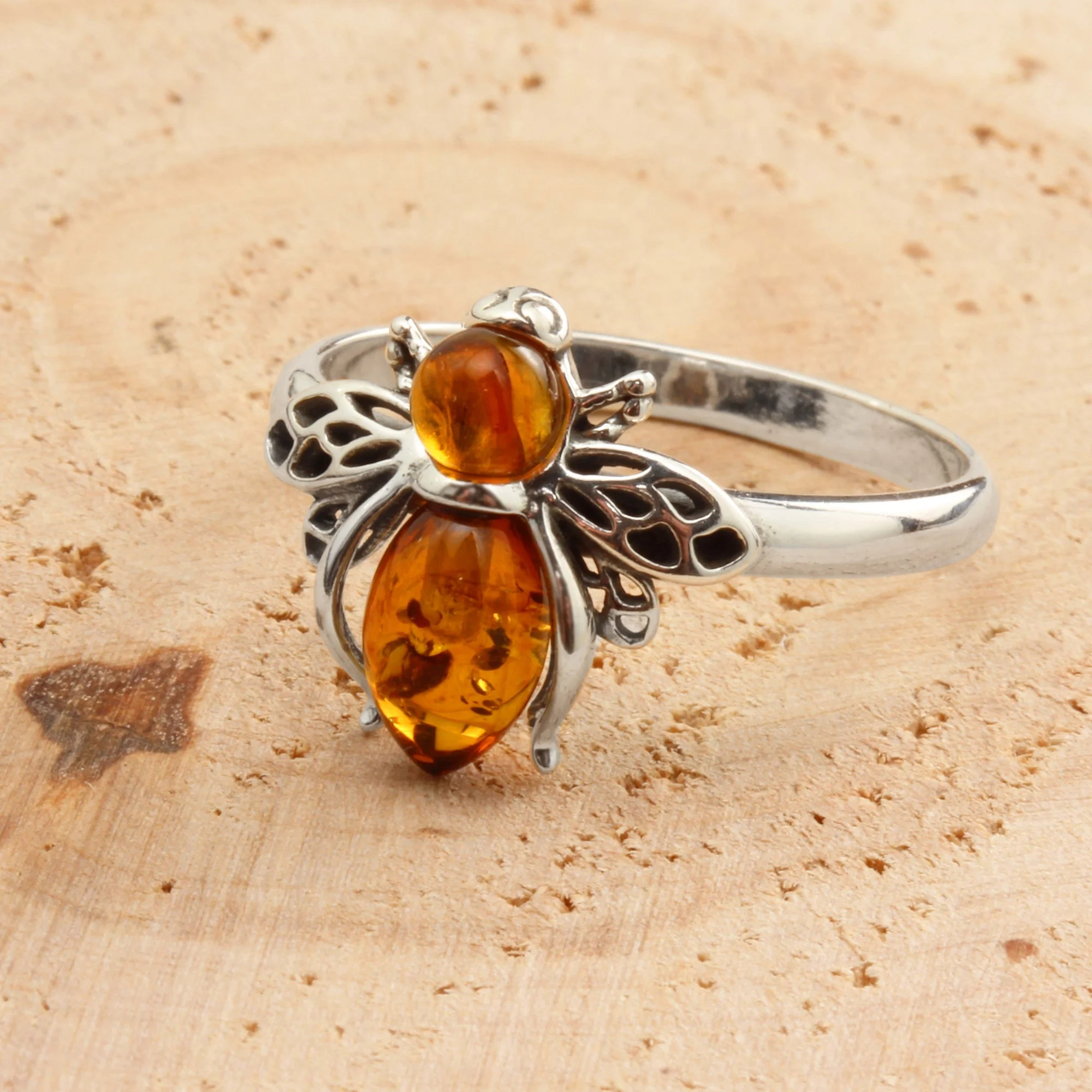 Sterling Silver Honey Baltic Amber Bee Ring