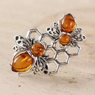 Honey Baltic Amber Double Bee Sterling Silver Brooch