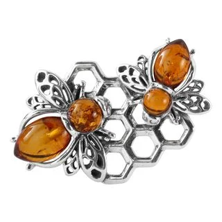 Sterling Silver Honey baltic Amber Double Bee Brooch