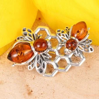 Honey Baltic Amber Double Bee Brooch Sterling Silver