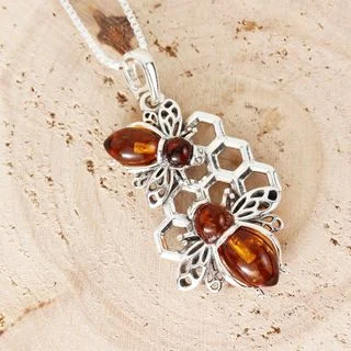 Honey Baltic Amber Double Bee Sterling Silver Pendant
