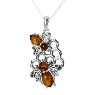 Sterling Silver Double Bee Honey Baltic Amber Pendant