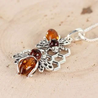 Sterling Silver Honey Baltic Amber Double Bee Pendant