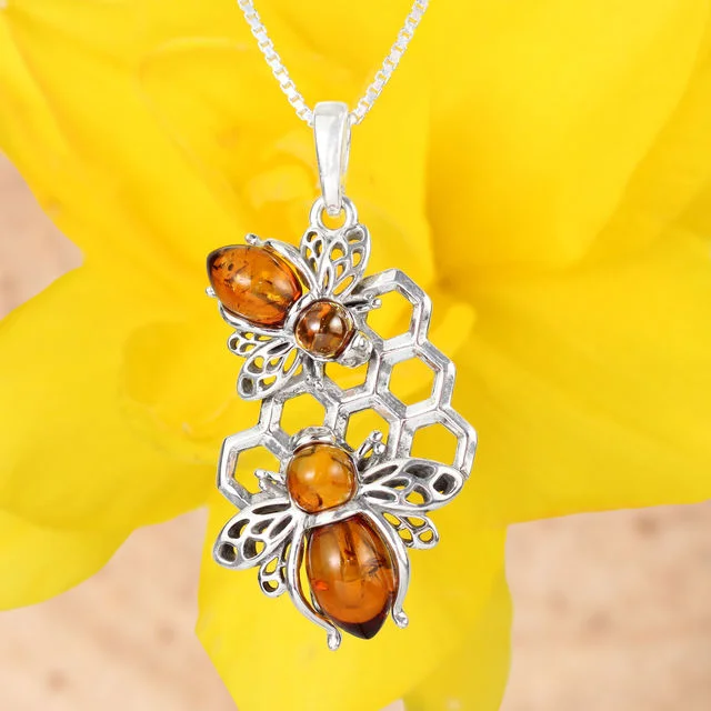 Honey Baltic Amber Bee Sterling Silver Pendant