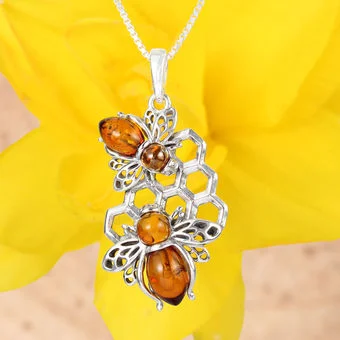 Double Bee Honey Baltic Amber Pendant Sterling Silver Double Bee Honey Baltic Amber Pendant Sterling Silver