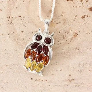 Multicoloured Baltic Amber Silver Owl Pendant
