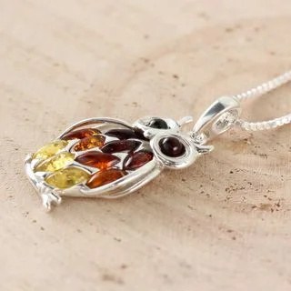 Sterling Silver Multicoloured Baltic Amber Owl Pendant