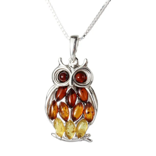 Sterling Silver Baltic Amber Owl Pendant