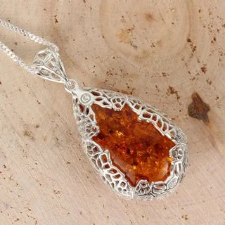 Sterling Silver Baltic Amber Ornate Pendant