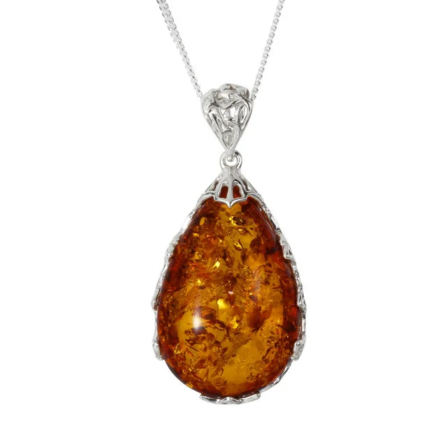 Sterling Silver Honey Baltic Amber Ornate Pendant