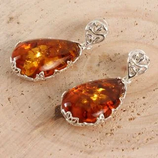 Honey Baltic Amber Large Filigree Silver Drop Earrings