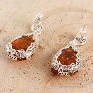 Sterling Silver Honey Baltic Amber Large Filigree Drop Earrings