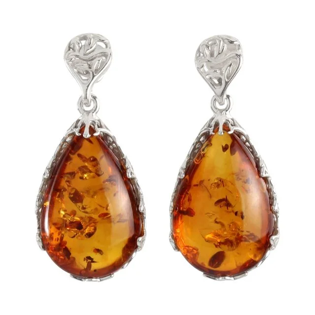 Sterling Silver Honey Baltic Amber Filigree Earrings