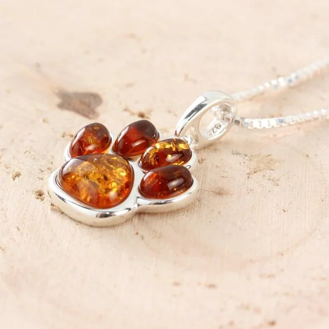 Honey Baltic Amber Silver Dog Paw Pendant