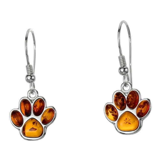 Sterling Silver Honey Baltic Amber Dog Paw Drop Earrings