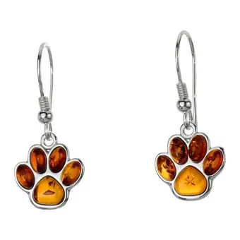Honey Baltic Amber Paw Print Sterling Silver Drop Earrings Honey Baltic Amber Paw Print Sterling Silver Drop Earrings