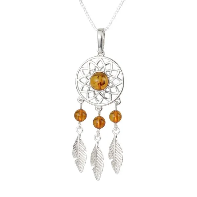 Sterling Silver Honey baltic Amber Dreamcatcher Pendant