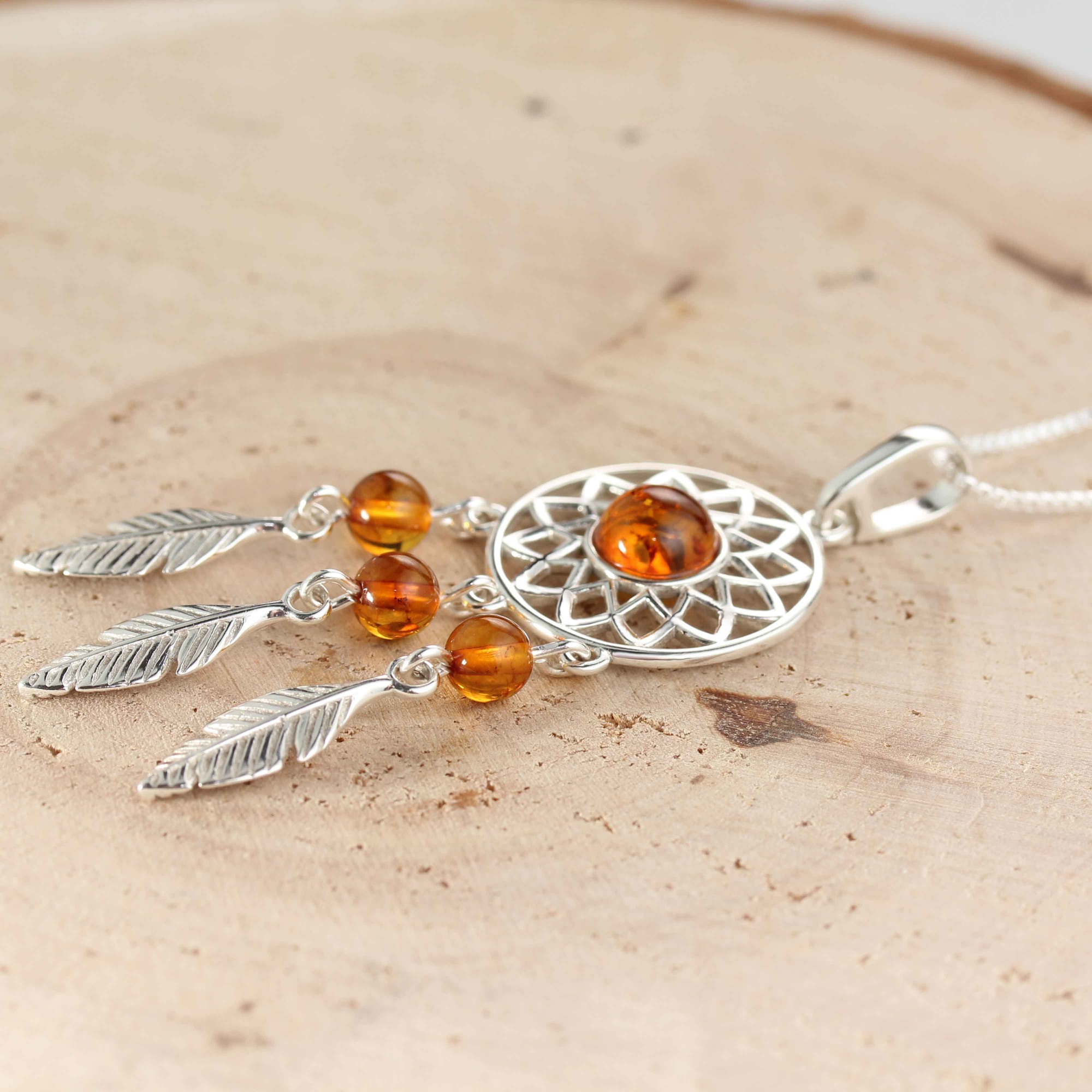 Large Amber Dreamcatcher Silver Necklace