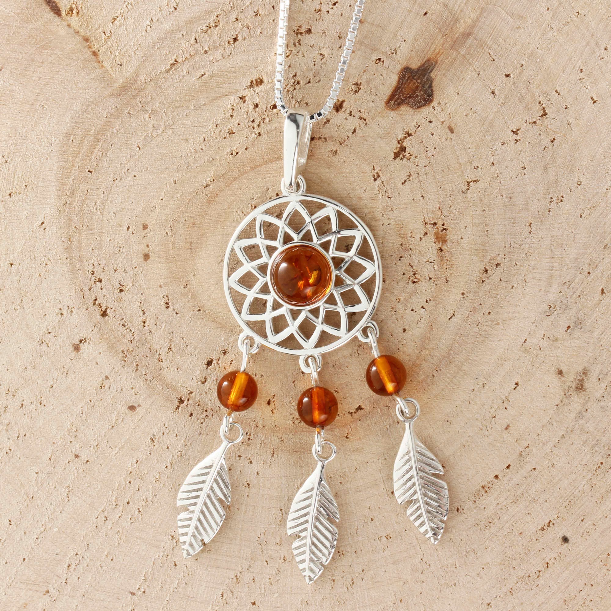 Large Amber Dreamcatcher Silver Necklace
