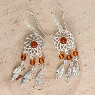 Honey baltic Amber Dreamcatcher Sterling Silver Earrings