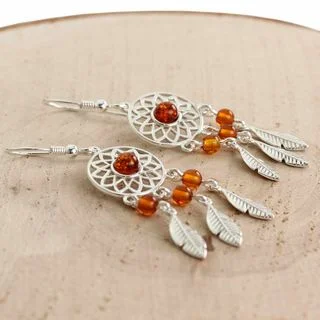 Honey Baltic Amber Silver Dreamcatcher Drop Earrings