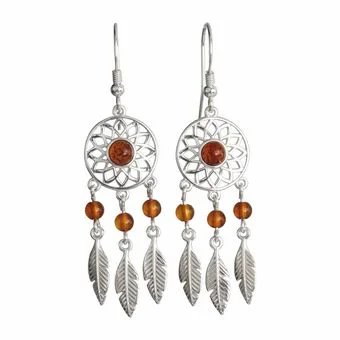 Honey Baltic Amber Dreamcatcher Sterling Silver Drop Earrings
