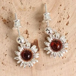 Honey Baltic Amber Sunflower Sterling Silver Earrings