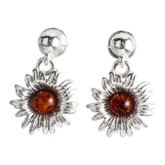 Sterling Silver Honey Baltic Amber Sunflower Drop Earrings Sterling Silver Honey Baltic Amber Sunflower Drop Earrings