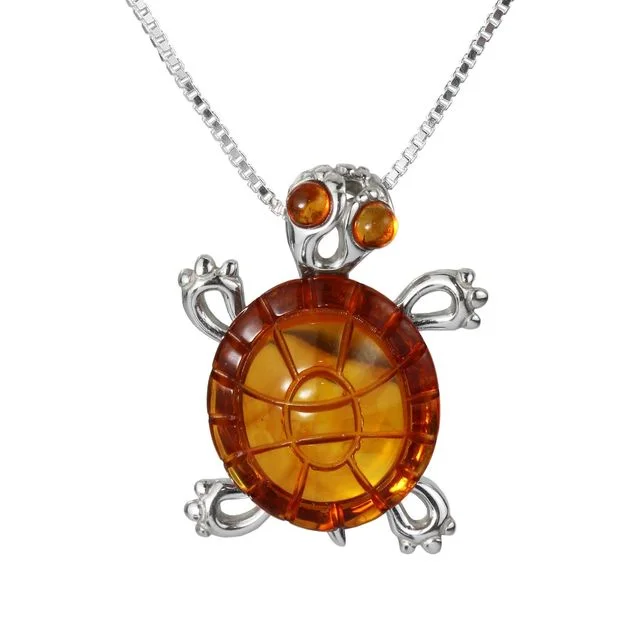 Sterling Silver Honey Baltic Amber Tortoise Pendant