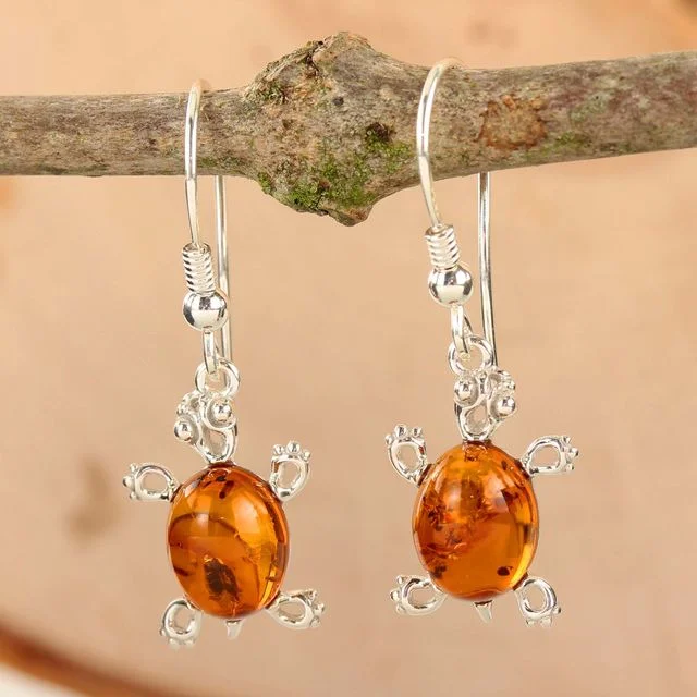 Sterling Silver Baltic Amber Tortoise Drop Earrings