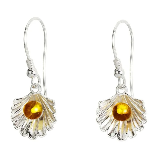 Sterling Silver Honey baltic Amber Pearl in Shell Earrings