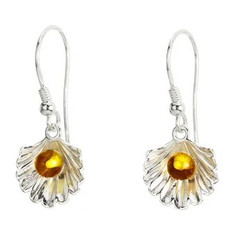 Sterling Silver Baltic Amber Pearl In Shell Drop Earrings Sterling Silver Baltic Amber Pearl In Shell Drop Earrings