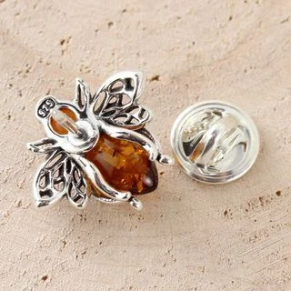 Honey Baltic Amber Bee Sterling Silver Pin Brooch