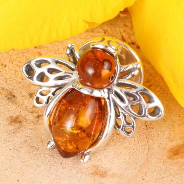 Honey baltic Amber Bee Selring Silver Brooch