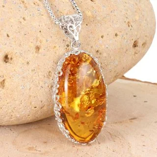 Honey Baltic Amber Unique Rhodium Plated Sterling Silver Pendant