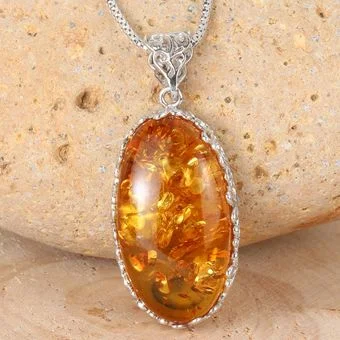 Rhodium Plated Sterling Silver Honey Baltic Amber Handmade Large Unique Pendant Rhodium Plated Sterling Silver Honey Baltic Amber Handmade Large Unique Pendant