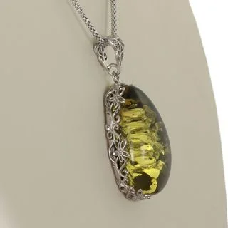 Green Baltic Amber Rhodium Plated Sterling Silver Pendant