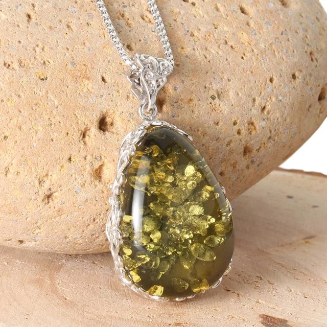 Sterling Silver Green Baltic Amber Handmade Pendant