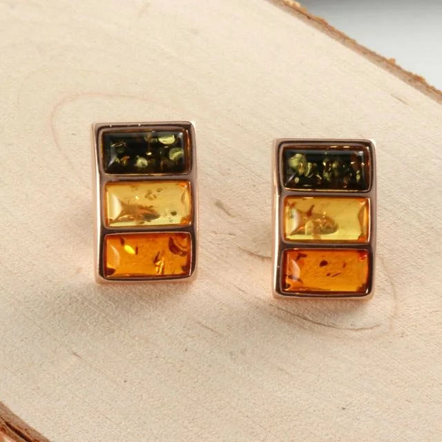 Rose Gold Plated Sterling Silver Multicoloured Baltic Amber Stud Earrings