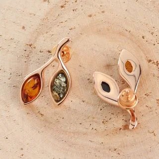 Rose Gold Plated Sterling Silver Multicoloured Baltic Amber Stud Earrings