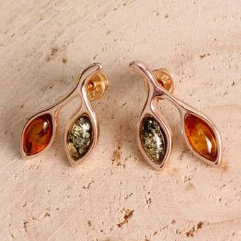 Rose Gold Plated Sterling Silver Multicoloured Baltic Amber Leaves Stud Earrings Rose Gold Plated Sterling Silver Multicoloured Baltic Amber Leaves Stud Earrings