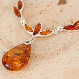 Honey Baltic Amber Silver Leaf Drop Necklace