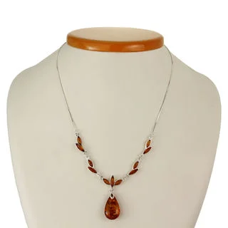 Honey Baltic Amber Sterling Silver Leaf Peardrop Necklace
